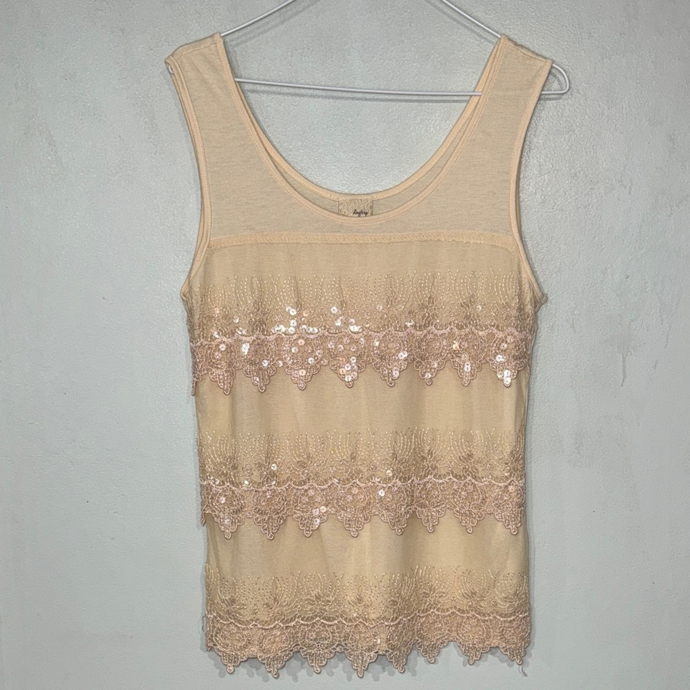 Daytrip Sleeveless Scoop Neck Tank Creme Lace Sequined Top Women’s Size Large
